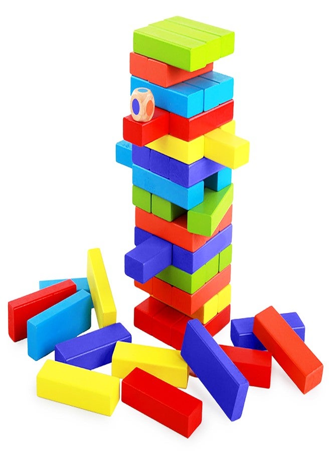 VGRASSP Stacking and Balancing Wooden Blocks Toy for Kids - Classic Falling Tower Game for Family, Kids & Adults with Dice - Educational Puzzle Game (48 Pcs, Multicolor) - Image 1